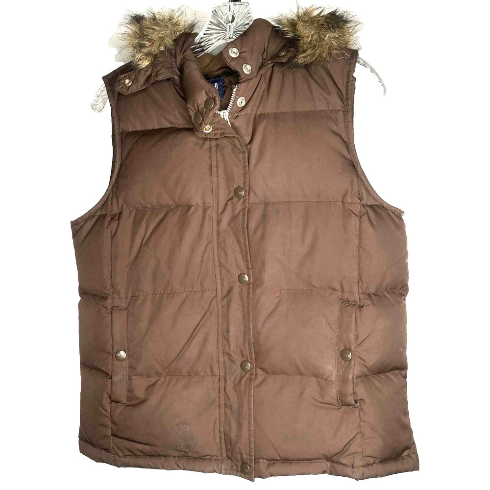 GAP Women's Brown down-fill insulated Puffer Vest Full Zip Size Medium‎ faux fur
